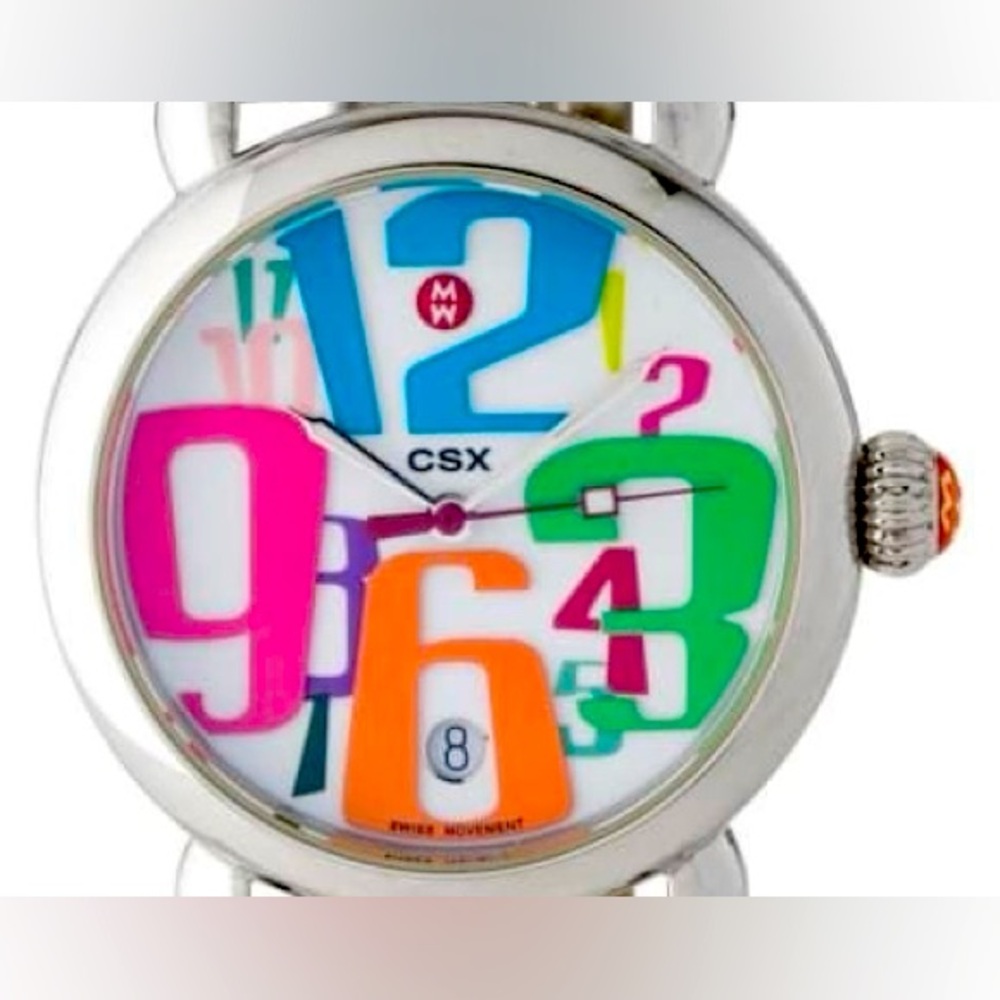 Michele CSX 36mm Stainless Steel Deco Grand Carousel Watch w/White Leather Strap